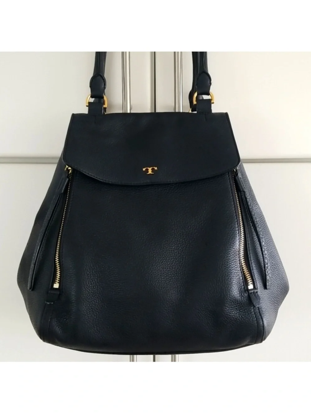 Tory Burch Black half moon Leather satchel tote Bag with Gold Hardware Brand New